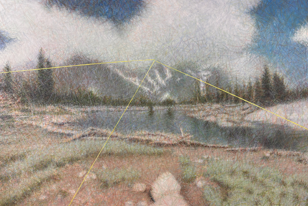 Norman Leto, A Raytrace Lake, olja p&aring; duk 120x80 cm, 2024