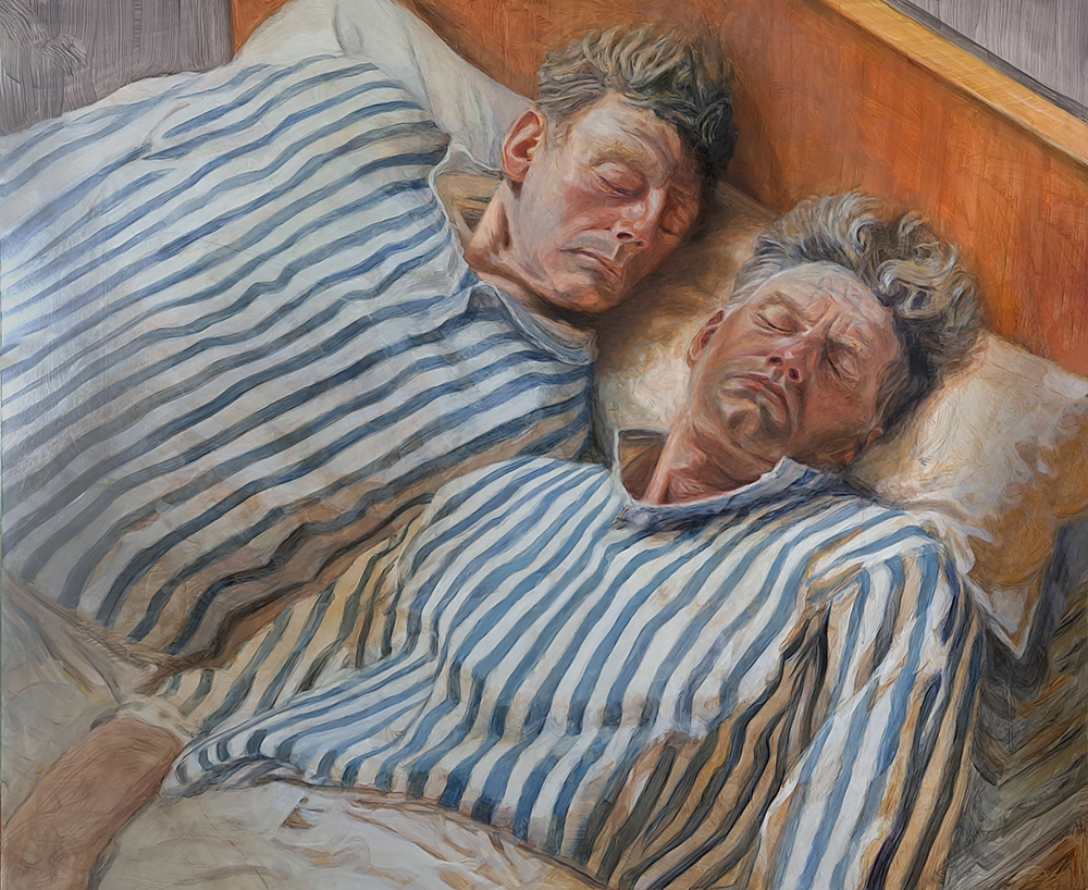Norman Leto, Twins From J. Littell's Kindly Ones, Forty Years Later Olja p&aring; tr&auml;fiberskiva, 120x100, 2023